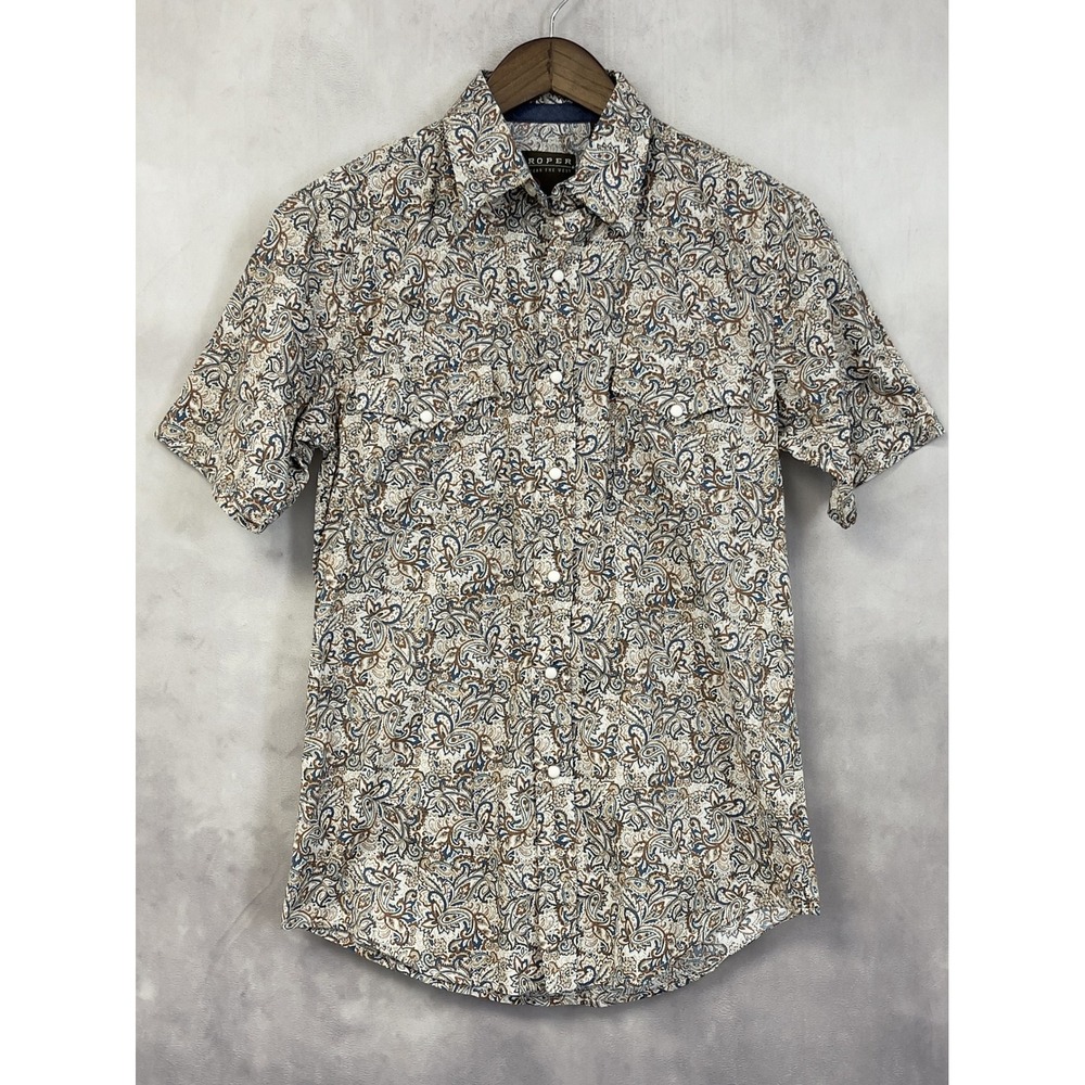 Roper Western Pearl Snap Shirt Mens Small Brown Paisley Ranch Rodeo Cowboy